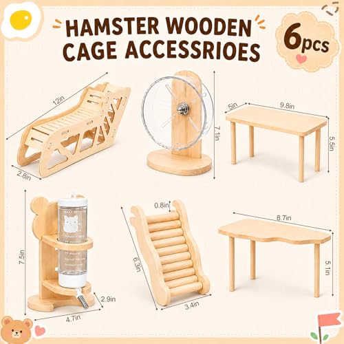 BreezeHug 6 Pcs Hamster Cage Accessories Hamster Wooden Tunnel Bridge Hideout with Platform Exercise Wheel Water Bottle with Stand Decorative Landscape for Small Pets Dwarf Syrian Mice Degus Gerbils - style: Modern