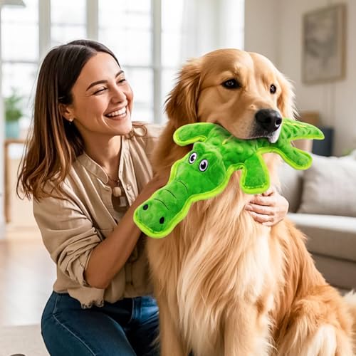 No Stuffing Dog Squeak Toys, Chew Toys for Small, Large Puppies Crocodile | Durable Plush Puppy Teething Toys, Interactive to Keep Pets Busy, Toss Fetch Tug Play, Best Birthday Gift - color: Green