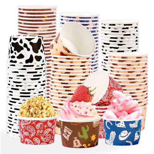 120Pcs 12oz Western Cowboy Ice Cream Cups for Hot or Cold Food | Rodeo Dessert Bowls Disposable Bandana Cowboy Boot Large Snack Cups for Western Birthday Bachelorette Party Favor - style: Western Dessert Cup