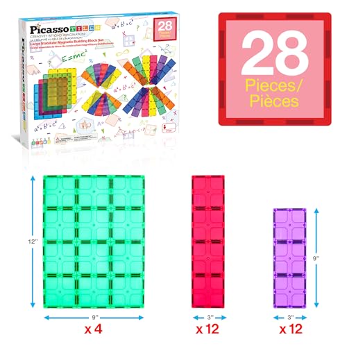 PicassoTiles 28 Piece Large Magnetic Tiles, Stabilizer STEM Set for Kids 3+ | Doubles as foundation, column, pillar support, extra strong magnets, vivid clear colors, safe creative preschool play time - style: 28 pcs XL Plate