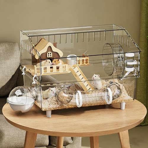 All in 1 Hamster Cage with Tunnel and 7 Accessories,Clear Acrylic Small Animal Habitat for Drawf Hamster,Gerbil,Hedgehog(17.7"*11.8"*13.4")