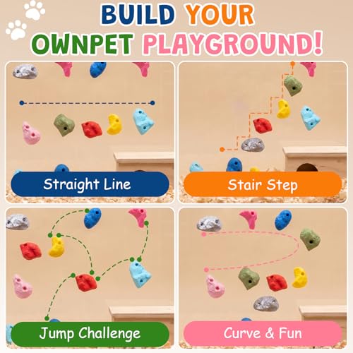 16 PCS Hamster Climbing Wall Toys, 8 Assorted Shapes & Colors Smooth Bite Resistant Climbing Holds, Traceless Adhesive Small Animal Cage Enrichment for Syrian Dwarf Hamsters, Gerbils & Mice