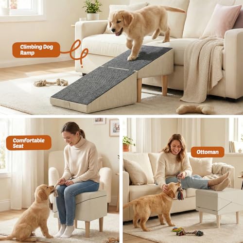 Foldable 15 Inch Dog Ramp, Ramply Split Ottoman with Detachable Washable Treads, 2-in-1 Folding Pet Ramps Stairs for Couch and Bed, Sturdy Ramp for Cats and Small to Medium Dogs - color: Khaki