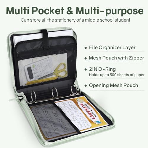 SUNEE Zippered Binder Bag with Handle, 2-Inch 3-Ring O-Ring, 500-Sheet Capacity, Includes Zip Pocket, 5-Tab Expanding File Folder, Multi-Pocket Organizer Binder for Middle School, Sage Green - color: Sage Green