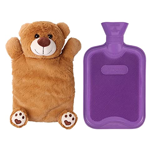 HomeTop Premium Classic Rubber Hot Water Bottle with Cute Bear Cover | Natural rubber hot water bottle,Long-lasting heat retention,Snuggly all-night warmth - color: Purple