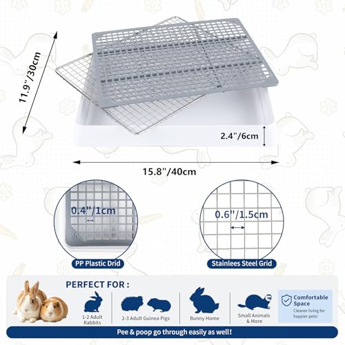 FHTONGE Low Entry Rabbit Litter Box Training Tray with Large Steel Grids | Rectangular Small Amimal Litter Pan Trainer Tray for Rodent Bunny Guinea Pig Hamster Ferret Chinchilla Hedgehog Chipmunk - color: 0.5" Stee Grids + 0.4" PP Grids, size: 14.6x12x2.6