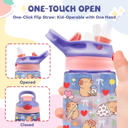 Kids Plastic Water Bottle - Cute Water Bottle for Kids, 14oz Plastic Water Bottles with Straw Lid, Leakproof BPA-Free Animal Water Bottles for Home Sports Travel, Pop-Up Straw Cover, Purple - color: Capy-bara