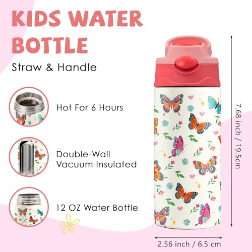 Butterfly 12 oz Water Bottle with Straw – Kids Stainless Steel Vacuum Insulated Cup, Leakproof Pop-Up Spout, Reusable Travel Mug for Boys and Girls Outdoor Sports - color: Butterfly1