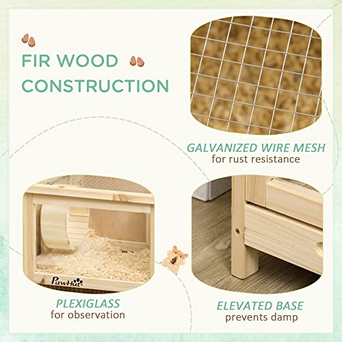 PawHut Extra Large Wooden Hamster Cage with Sliding Tray, Large Rat Mouse House, Small Animal Habitats with Openable Roofs, Wide Ramp for Racing, Running Wheel, Natural | Small Animal Habitats, Openable Roofs, Wide Ramp for Racing, Running Wheel