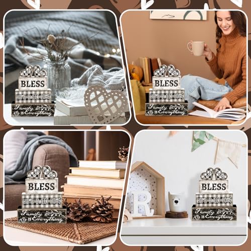 Tiered Tray Decor Set, 4 Pcs, Wooden, for Home Kitchen, Hearts | Checkered Sweet Home, Farmhouse Rustic Summer Coffee Table Centerpieces Office Decorations - style: Heart