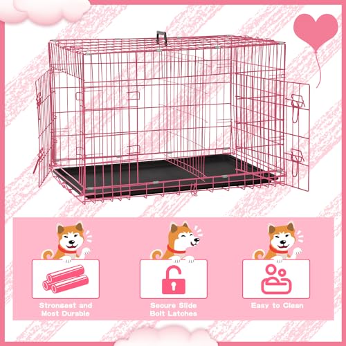BLKMTY Foldable Dog Crate, Wire Metal Dog Cage, Medium 36-Inch, Pink - color: Pink, size: 36.0"L x 22.0"W x 25.0"H