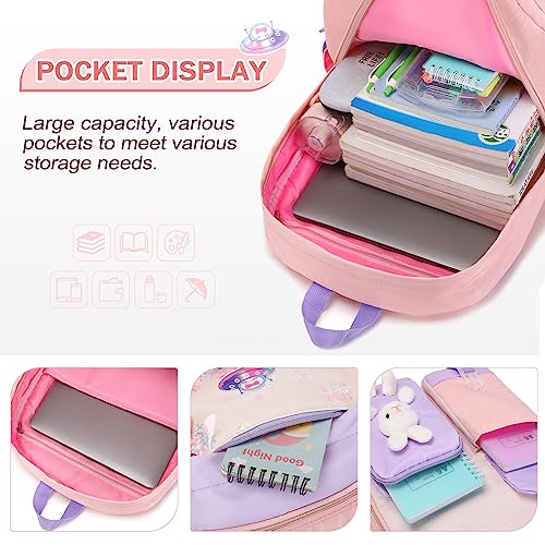 FIXITOK Girls Backpack with 14oz Insulated Water Bottle Set, Kawaii Bunny School Backpack for Girls with Kids Water Bottle Lunch Bag Pencil Case for Kindergarten Elementary Preschool School - color: W-pink