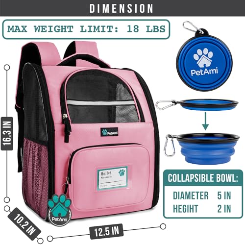 PetAmi Dog Backpack Carrier Airline Approved Cat Pet Puppy Bag, Pink | Ideal for Small Medium Large Pet up to 18 lb, 2 Side Entry Structured No-Collapse Frame, Ventilated Bookbag for Hiking Travel - color: Pink