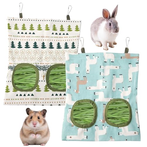 2 Packs Rabbit Hay Feeder Bag, Hanging Hay Feeders Washable 2 Hole Guinea Pig Hay Feeder Bag for Bunny Rabbits Chinchillas Hamsters Small Pets Animals