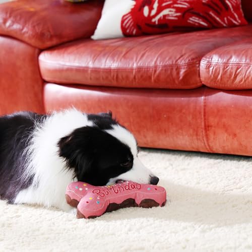 Tamu style Dog Birthday Toy Gift, 10-Inch Squeaky Bone Cake Plush, Pink - color: Pink