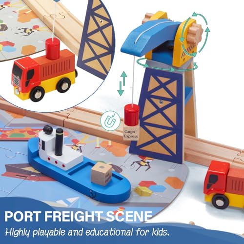 Giant bean 117 Pcs Busy Port City Wooden Train Set for Kids | Expandable & Changeable Wooden Train Track Set Toy, for Boys & Girls Ages 3-14 - color: 117pcs City Train Set