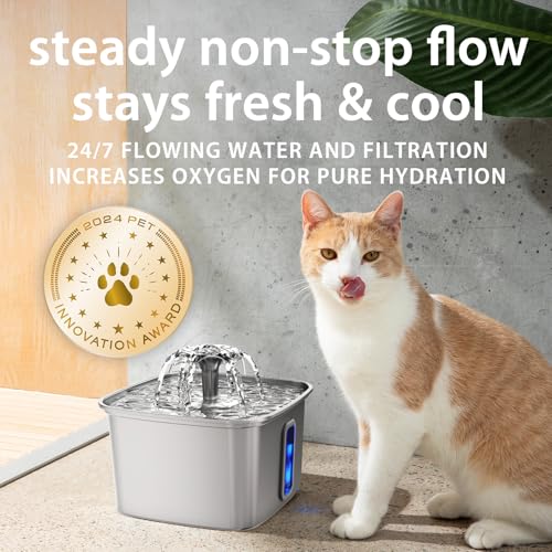 Veken Innovation Award Winner Stainless Steel Cat Water Fountain, 108oz | Automatic Pet Fountain Dog Water Dispenser with 3 Replacement Filters & Silicone Mat, Gifts for Cats, Dogs (Silver) - color: Silver