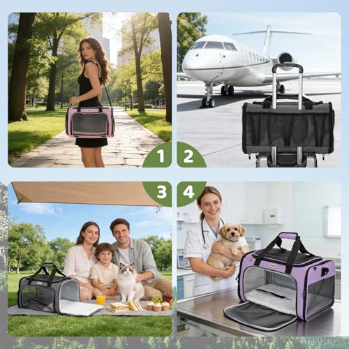Pet Carrier for Cats & Small Dogs, Travel Carrier with Anti-Collapse Support, Chew Resistant Buckles, Luggage Sleeve, Multi-Pocket Storage, Reversible Mat & Bowl (Green, Medium (17.5"x11"x11.5")) - color: Green