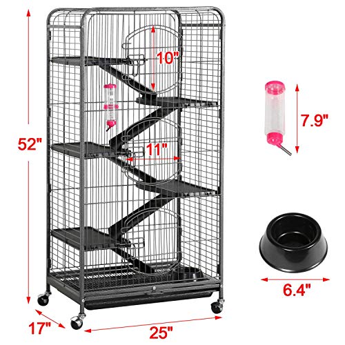 Yaheetech 52-inch Ferret Cage 6 Level Metal Rat Cage with 3 Front Doors/Feeder/Wheels Small Animal Cage for Ferret/Chinchilla/Bunny/Rabbit/Squirrel, Black - size: 52"