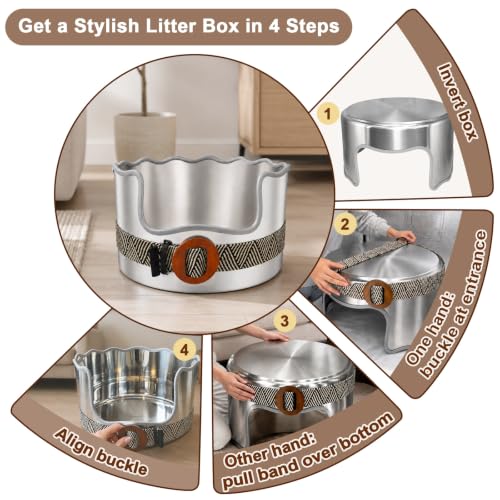 Round Stainless Steel Cat Litter Box High Sided, Large Metal Litter Box with Fashion Woven Belt, Easy Access & Turning Litter Pan for Medium & Senior Cats, Kittens, Odor Control, Easy to Clean