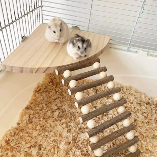 Hamster Wooden Platform with Ladder, Natural Small Animal Standing Platform Cage Accessories for Small Animals, Rat, Chinchilla, Dwarf Syrian, Hamsters, Gerbils, Mice, Degus, Guinea Pig