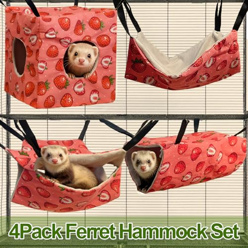kathson 4 PCS Ferret Hammock Set,Washable Guinea Pig Hideout Bed,Soft Hamster Toys Hanging Tunnel Mats, Small Pets Cage Accessories for Rat, Sugar Glider, Squirrel(Pink) - color: Pink