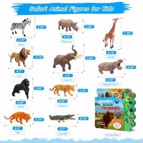iGRATENS Safari Animals Figures Toys with Sound Books, 10PCS Realistic Jungle Animals Figures & Safari Animals Book with 10 Buttons, Zoo Animal Toys, Learning Toy for 3+ Year Old Boys, Girls, Kids - style: Safari Animals