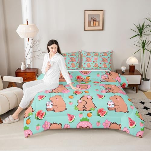 Erosebridal Capybara Lover Comforter Set Cartoon Rodent Animal Bedding Capybara Gifts for Kids Watermelon Strawberry Duvet Insert Cute Flower Kawaii Quilted Duvet,1 Pillow Case, Teal Room Decor,Twin - color: Multi 14, size: Twin