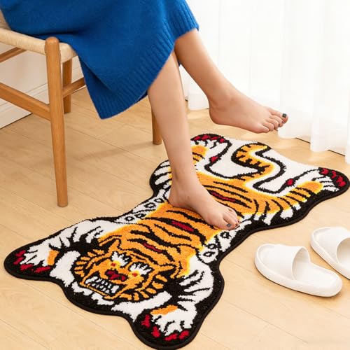 Tibetan Tiger Rug, Orange Tiger Bath Mat Fun Cute Animal Rug | 24 x 40 In, Soft Plush Pile, Non-Slip Backing, Washable, Irregular Shape, Bedroom and Living Room Floor Accent - color: Orange
