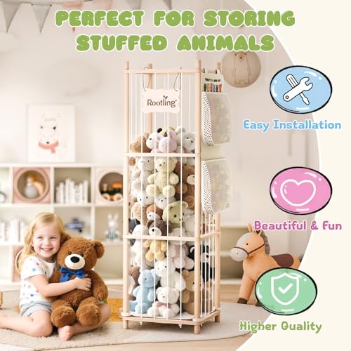 Stuffed Animal Storage & Organizer, 54 inch Tall Wooden Cute Zoo Toy Holder w/Building Block Storage Bag, Premium Wooden Material with Elastic Cord For Toddler Rooms, Playrooms & Bedrooms - color: Natural, size: Large