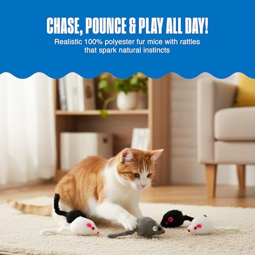 Penn-Plax Play Fur Mice Cat Toys, 12 Pack - Soft Polyester with Rattling Sound for Interactive Play, Exercise & Hunting - Lightweight Cat Toy Set for All Ages & Breeds - Black, White & Gray - 2 Inches