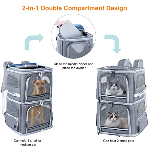 Double Cat Carrier for 2 Cats,Dog Backpack Carrier for Medium Dogs,Double Compartment Pet Carrier Backpack for Dual Pets,for Outdoor Traveling/Stroll and Picnic - color: Grey