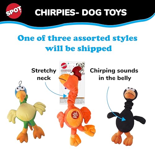 SPOT Chirpies Plush Dog Toy – Bird Sound Squeaky Toy for Small and Medium Dogs, Light to Moderate Chewers, Stretchy Bungee Neck, Recycled Stuffing – 14 in, Assorted Styles
