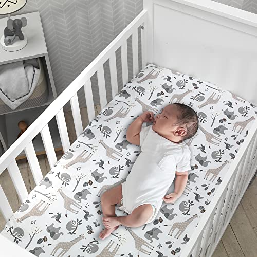 Lambs & Ivy Baby Jungle Animals White/Gray/Taupe Cotton Fitted Crib Sheet - color: Baby Jungle