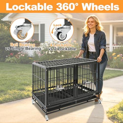 Homey Pet 3 Tiers 43" Heavy Duty Dog Crate Bank with Wheels, 43T x 2 & 43S | Double Stackable Kennel with Divider, Dual Door, Auto Locks, Removable Tray, Bowl, Ideal for Small, Medium to Large Dogs - size: 42.5"L x 28.0"W x 88.0"H