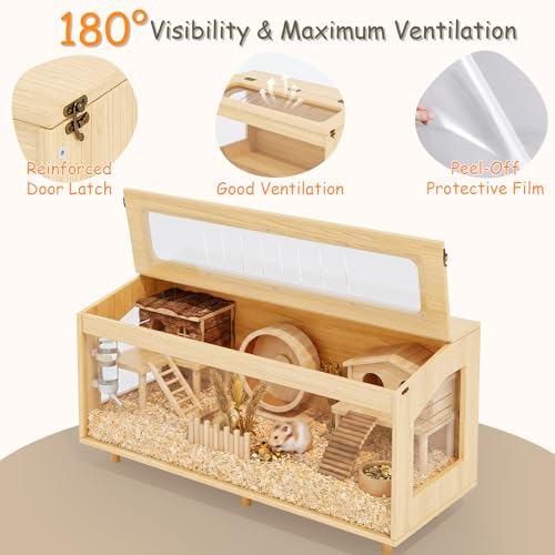 Wooden Hamster Cage, 39.4" Large Small Animal Cage with 19.7" Tall Habitat, Openable Top, Chew-Resistant Acrylic Panels, Wood Enclosure for Gerbil & Guinea Pig (39.4 * 15.75 * 19.7 inch) - size: 39.4"L x 15.8"W x 19.7"H