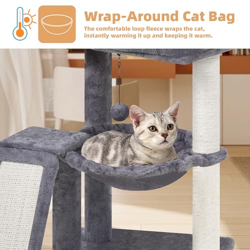 YOUPET Cat Tree with Cat Scratching Post for Indoor Cats, Cat Tower with Scratching Board and Playful Toy Balls, Cat Tree Tower with Cozy Hammock,Grey - color: Grey