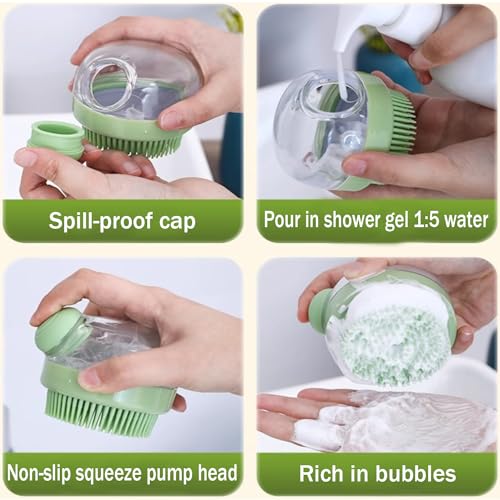 Dog Bath Scrubber Brush, 2 PCS Pet Dog Grooming Massage Shampoo Bath Brush with Soap and Shampoo Dispenser Soft Silicone Bristle for Long Short Haired Dogs Cats Shower - color: Green & Pink