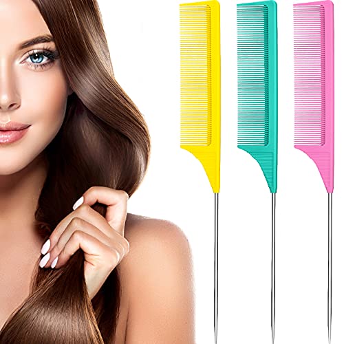 Leinuosen 3 Pack Rat Tail Comb Carbon Fiber,Yellow, Pink, Green | Steel Pin Tail for Sectioning, Heat Resistant Teasing, Pick Comb for Women Wig Styling, Fishtail Design for Salon Updos - color: Yellow, Pink, Green
