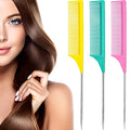 Leinuosen 3 Pack Rat Tail Comb Carbon Fiber,Yellow, Pink, Green | Steel Pin Tail for Sectioning, Heat Resistant Teasing, Pick Comb for Women Wig Styling, Fishtail Design for Salon Updos - color: Yellow, Pink, Green