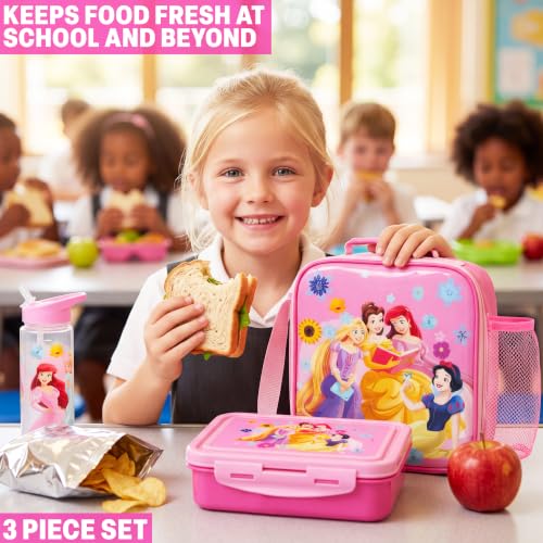 Get Trend Disney Princess Girls Lunch Box 3Pc Set | Kids Insulated Lunch Bag with BPA-Free Water Bottle and Bento Box, Back to School Gifts for Girls - color: Pink Princess