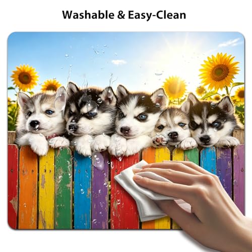 Playful Husky Puppies Mouse Pad, Sunflowers Joyful Summer Scene Desk Mat | 9.5"x 7.9", Adorable Dogs Pets Design, Cute Smooth & Anti-Slip Mousepad - color: Colorful Design Wknoon-Art 02