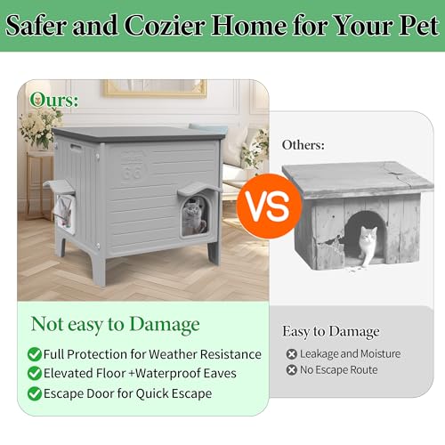 Cat House Outdoor Weatherpoof Plastic Cat Shelter Outside | with Escape Door Indoor Waterproof Feral/Pet Cat Houses for Puppy, Rabbit(Grey) - style: Standard