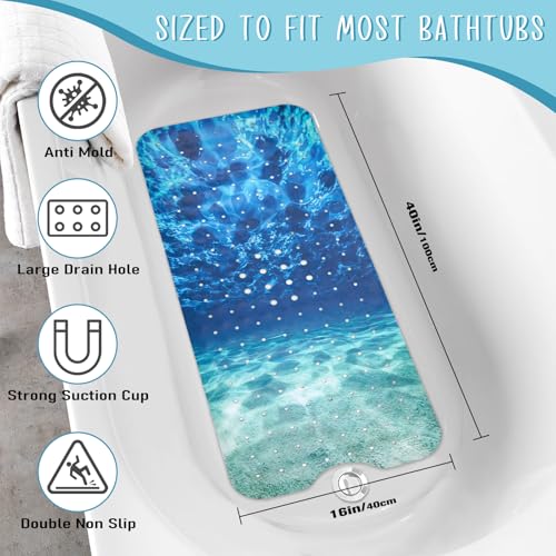 Seawater Bathtub Mat Non Slip, Ocean Waves Bath Tub Mat Baby Bath Mats for Bathroom Anti Slip Shower Mats for Inside Shower, Underwater Bathmat with Suction and Drain Holes Machine Washable, 40″x16″ - color: D02, size: 40" x 16" (Rectangular)
