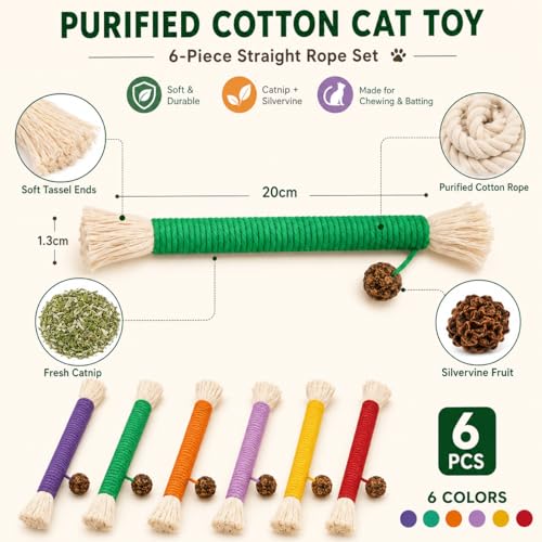 Bent Cat Rope Toy, Pet Chew Toys, Interactive Tease Toys for Cats and Kittens, Bite-Proof Playthings, Cotton Rope Kitten Toys Dental Care Stress Relief Pet Supplies (Medium 6 Pack) - size: Small