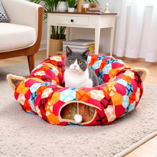 AUOON Cat Donut Tunnel with Bed for Kitten Puppy Rabbit Ferret, Orange | 2-in-1 Interactive Cat Toy, with Hanging Ball Toy, Machine Washable Center Pad, 36"L x 36"W x 10.7"H - color: Orange