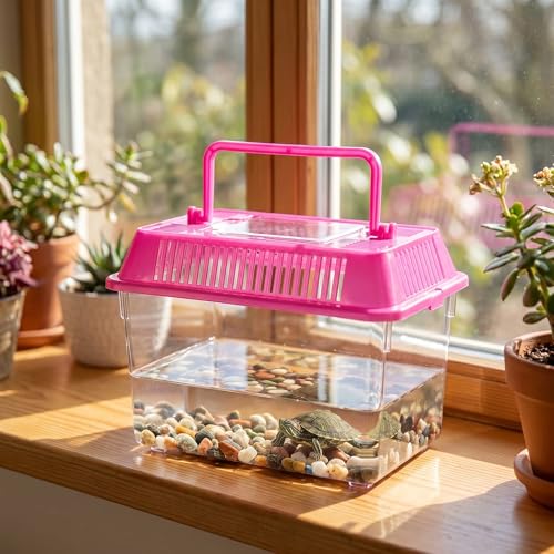 Angoily Turtle Tank, 0.4 Gal Portable Plastic Handheld Mini Fish Tanks Clear Reptile Habitat Carrier Catch and Release Aquarium Small Pet Aquarium with Handle for Travel and Home Use, Bug Cage Beach