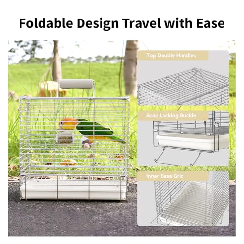 Bird Carrier Travel Cage - 304 Stainless Steel Portable Folding Bird Travel Cage with Parrot Feeder Cups & Standing Perch for Smaller Birds Conures Lovebird Cockatiel Parakeets (White) | 304 Stainless Steel, Portable Folding, Parrot Feeder Cups & Standing