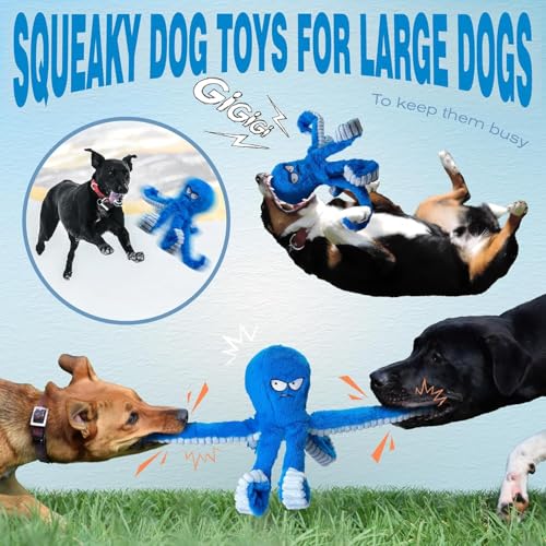 Large Dog Toys, Squeaky Dog Toy, Stuffed Crinkle Blue Octopus Toys 2 Pack | Tough Soft Fabric, Interactive Tug of War Puppy Chew Toys for Teething, Birthday Gift for Pet, Training Reward - color: Blue Octopus 2pack