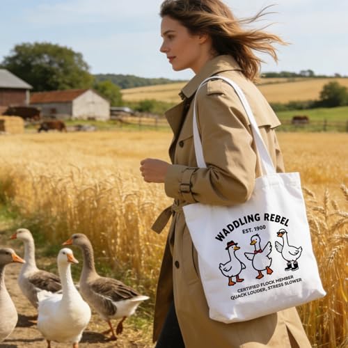 ANATTASOUL Canvas Tote Bag Reusable Cotton Bag for Women, Large 14.96"x 15.74" Cloth Shoulder Bags with Zipper Pockets - style: Goose With Sunglasses
